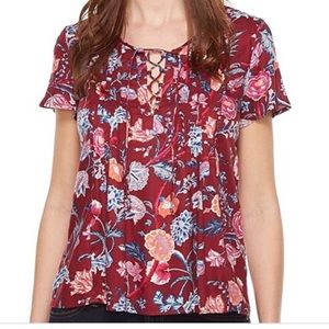 Lucky Brand Maroon Floral Short Sleeve Top Large